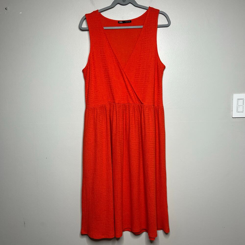 Zara Orange Knit Midi Dress Crossover V-Neck Womens L Sleeveless Textured Cotton